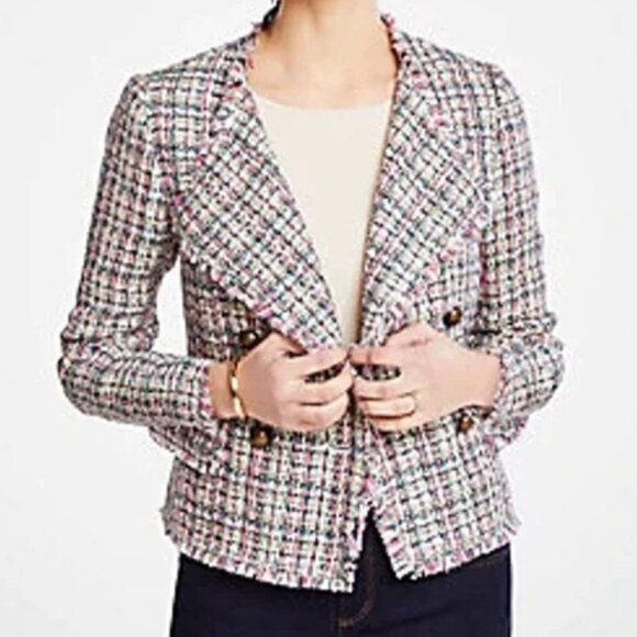 Ann Taylor Pastel Tweed Cascade Fringe Double Breasted Crop Jacket Blazer Size 2 - Picture 1 of 12